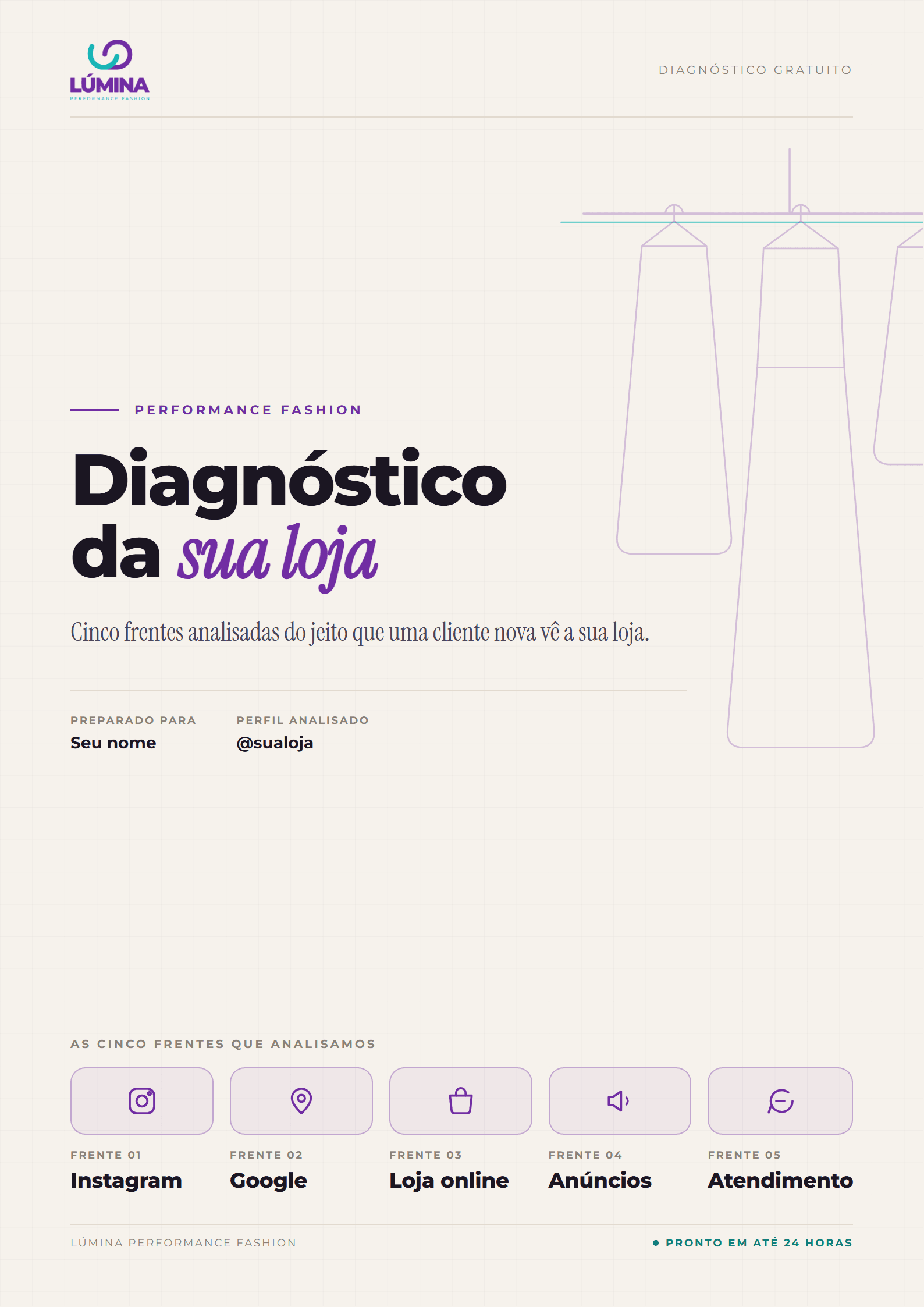 Capa do PDF do diagnóstico: Diagnóstico da sua loja, com as cinco frentes analisadas.